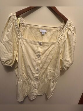 Liz Claiborne Pale Yellow Striped Square Neck Puff Sleeve Blouse